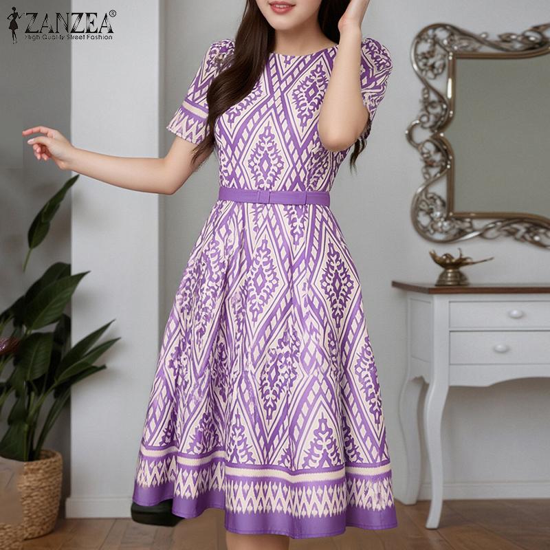ZANZEA Women Casual Round Neck Short Sleeve Vintage Print Dress