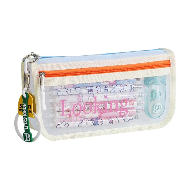 

High Capacity Pencil Case 2 Compartment Pencils Pouches Clear Mesh Pen Bag Portable Pen Organiser Travel Makeup Bag бежевий