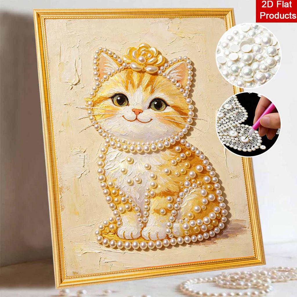 DIY Frameless Pearl Painting Kit Cute Cat 3D Shiny Bead Art Canvas Relaxing Creative Craft for Home Wall Decor Gift