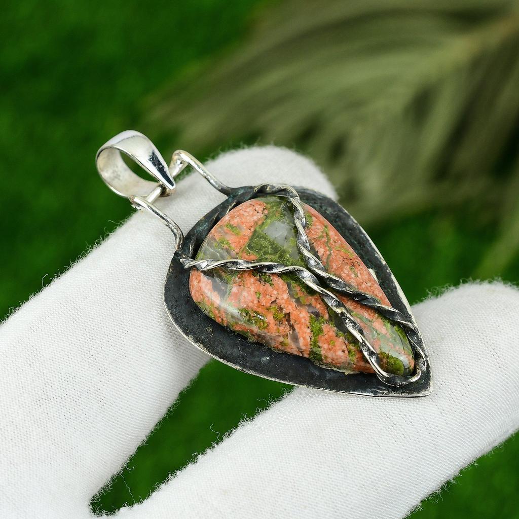 Mothers day Sale Unakite Gemstone Heart Chakra Wife Boho Pendant Sterling Silver