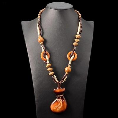 Bohemian Amber Necklace Handmade Wood Print Floral Pendant Y2K Vintage Ethnic Beaded Long Layering Choker Women Jewelry