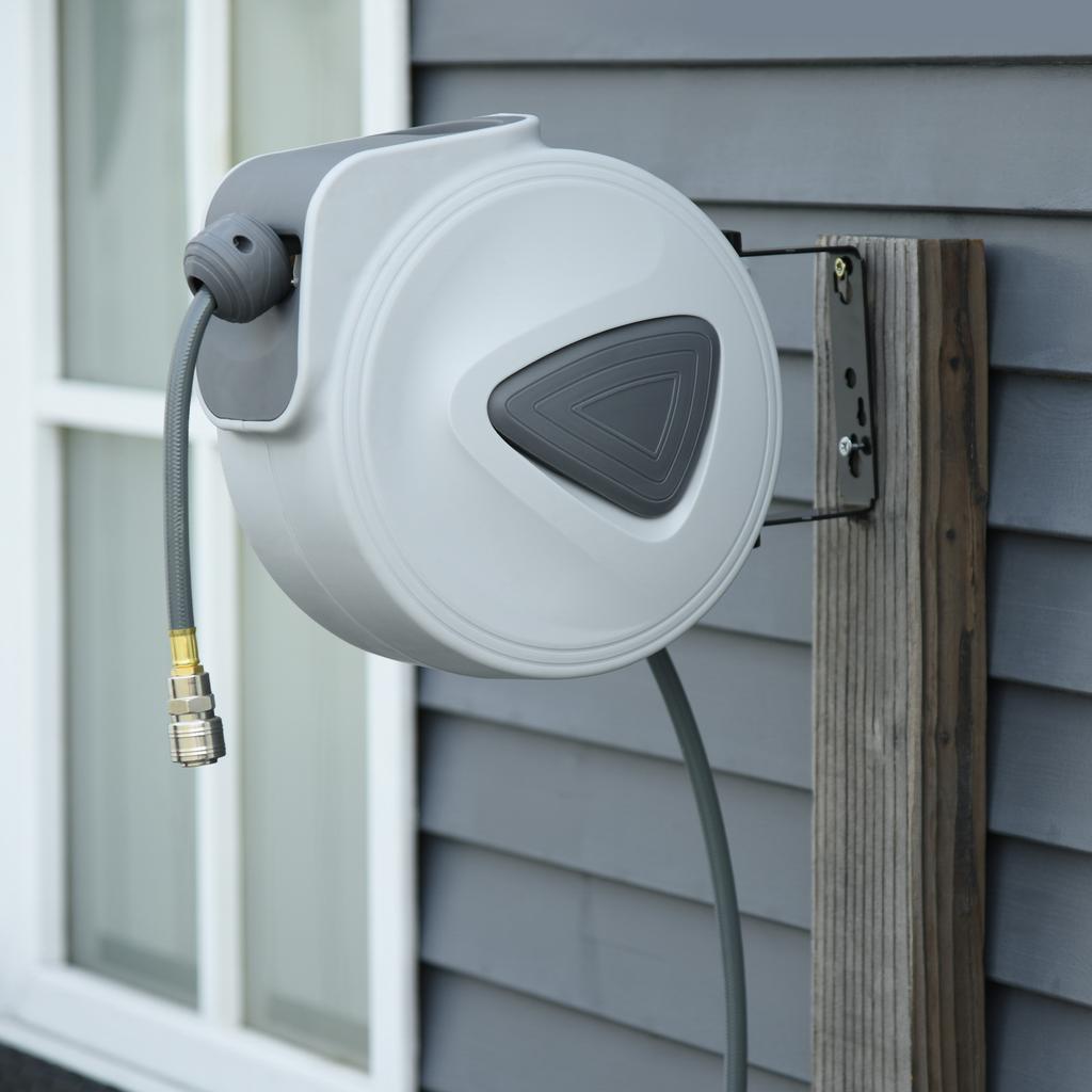 Retractable Air Hose Reel Wall Mount Auto Rewind Hose Reel 15m Plus 140cm Diameter 3 8 Inch 9.5mm Connector 1 4 Inch Bsp Grey