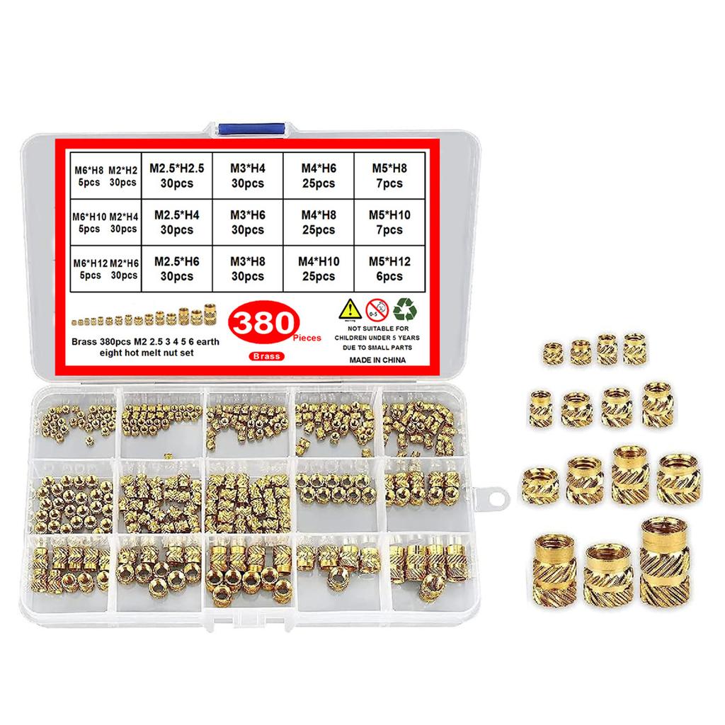 380Pcs Brass Knurled Nuts 2/2.5/3/4/5/6mm Threaded Inserts Metric Knurled Nuts Assortment Kits for 3D Printing