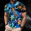 Women Short Sleeve Crew Neck T Shirt White Red Orange Blue Tropical Leaf Floral Print Top