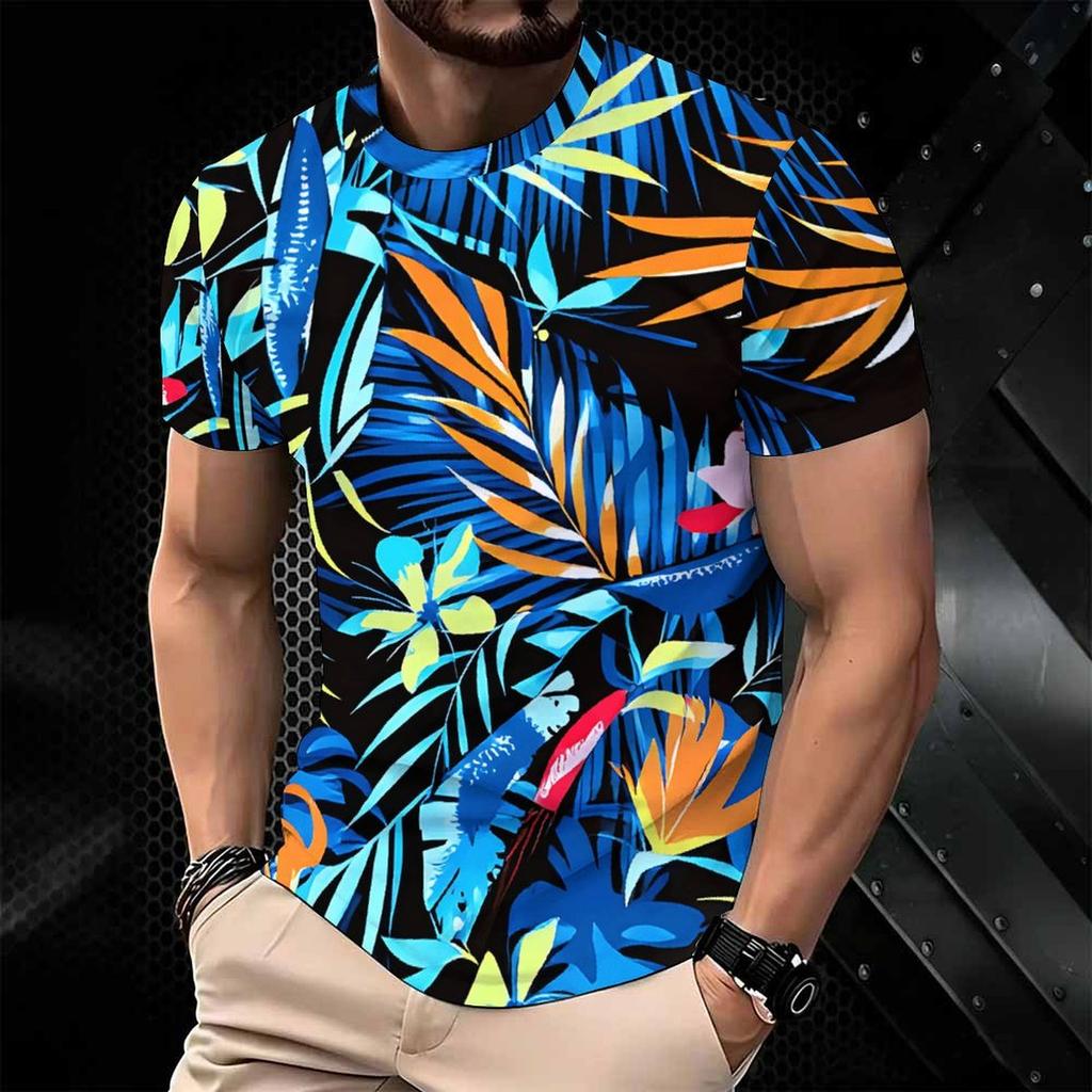 Women Short Sleeve Crew Neck T Shirt White Red Orange Blue Tropical Leaf Floral Print Top