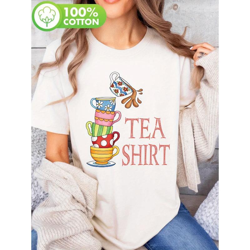 Urocze i Interesujące Filiżanki do Herbaty Umieszczone Wśród Stosu Wysokich Kubków, Koszulki z Nadrukami, Casualowe Topki z Krótkim Rękawem i Okrągłym Dekoltem, na Lato i Wiosnę,