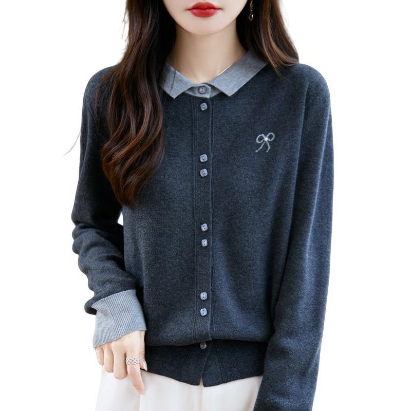 Autumn New Color Block Polo Collar Wool Sweater Women's Slim Simple Woolen Cardigan