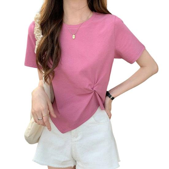Women T-shirt Irregular Hem Solid Color Knot Decor Round Neck Short