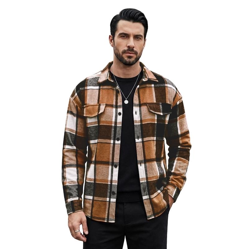 Autumn Men Plaid Flannel Shirt Jacket Lapel Collar Button Down Overshirt Long Sleeve Loose Fit Casual Streetwear Plaid Shacket Outer Coat S