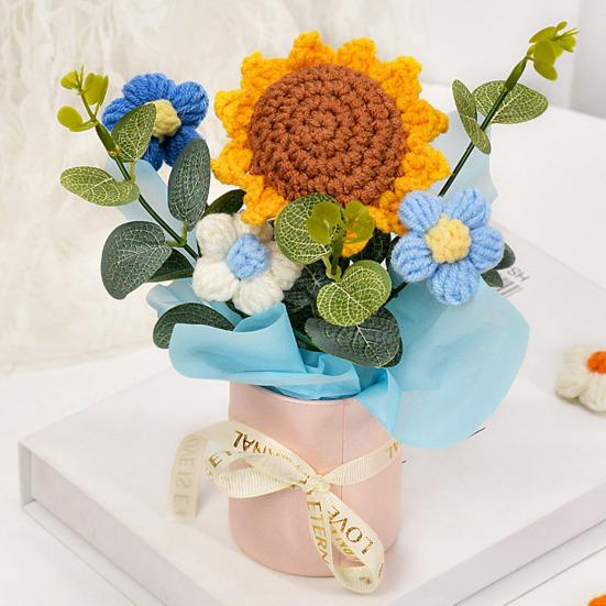 Crochet Flower Bouquet Handmade Artificial Knitted Bouquet Fake Sunflower Carnation Tulip Puff Flowers Gifts for Mother Wife On Birthday Anniversary