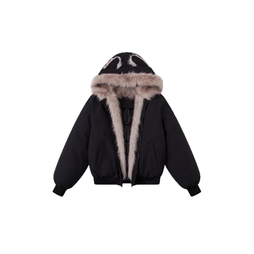 Explosive black fur collar padded seat mountain carving cat ear jacket men and women autumn and winter thickened couple down cotton clothes