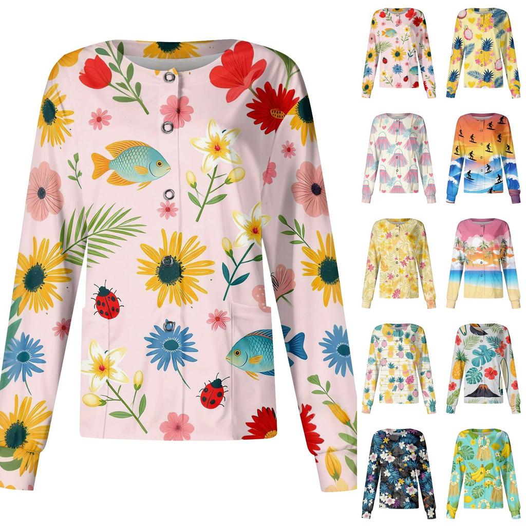 Women's Casual Long Sleeve Hawaiian Floral Print Single Button Scrub Cardigan Top for Uniform