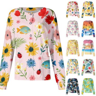 Women's Casual Long Sleeve Single Breasted Hawaiian Print Caregiver Jacket Lightweight Button Up Shirt for Work and Everyday Wear