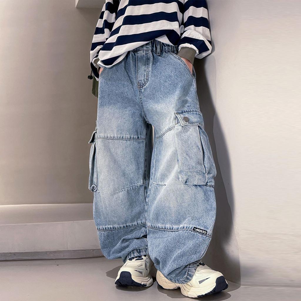 Jeans Cargo Larghi da Lavoro Pesanti di Alta Qualità per Ragazzi Adolescenti Vestibilità Larga Tasche Pantaloni in Denim Bambini Pre-adolescenti Moda Jeans Pantaloni