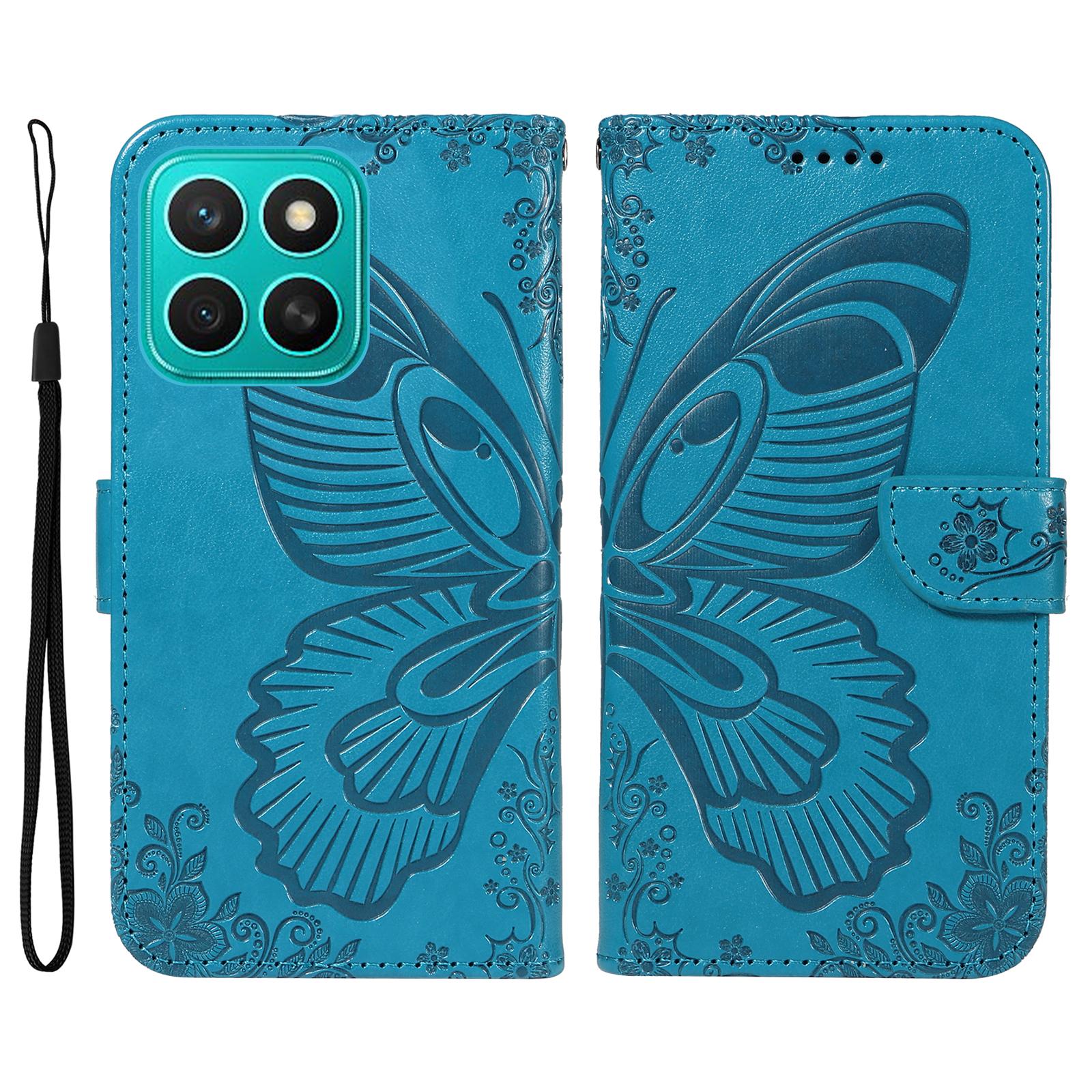 

For Honor X8c 4G Case Butterfly Pattern PU Leather Folio Flip Phone Cover Blue