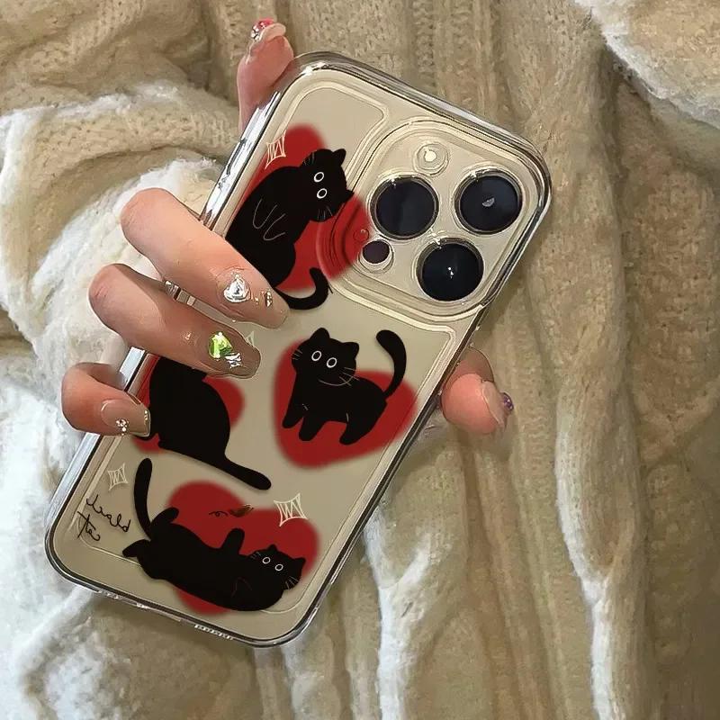 Love Heart Black Cat Lovely Phone Case For Iphone 17 Air 16 16e 17e 15 Plus 14 13 12 11 Pro Max Flexible Protective Soft Cover