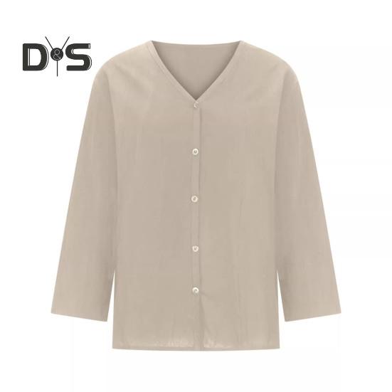 Dámská košile volného střihu s výstřihem do V a 3/4 rukávy, letní top se zapínáním na knoflíky, jednobarevné ležérní tričko pro každodenní nošení
