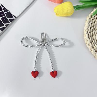 Dolce ciondolo portachiavi a forma di cuore con fiocco, graziose decorazioni pendenti con perline, portachiavi con cordino per telefono, ciondolo per borsa