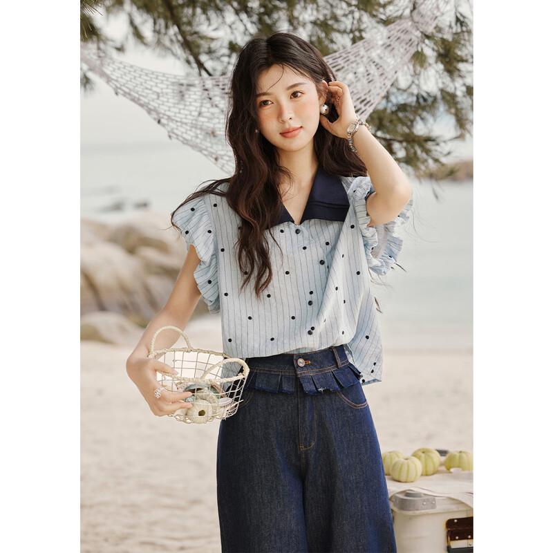 Women s Polka Dot Embroidered Short-Sleeve Blouse M