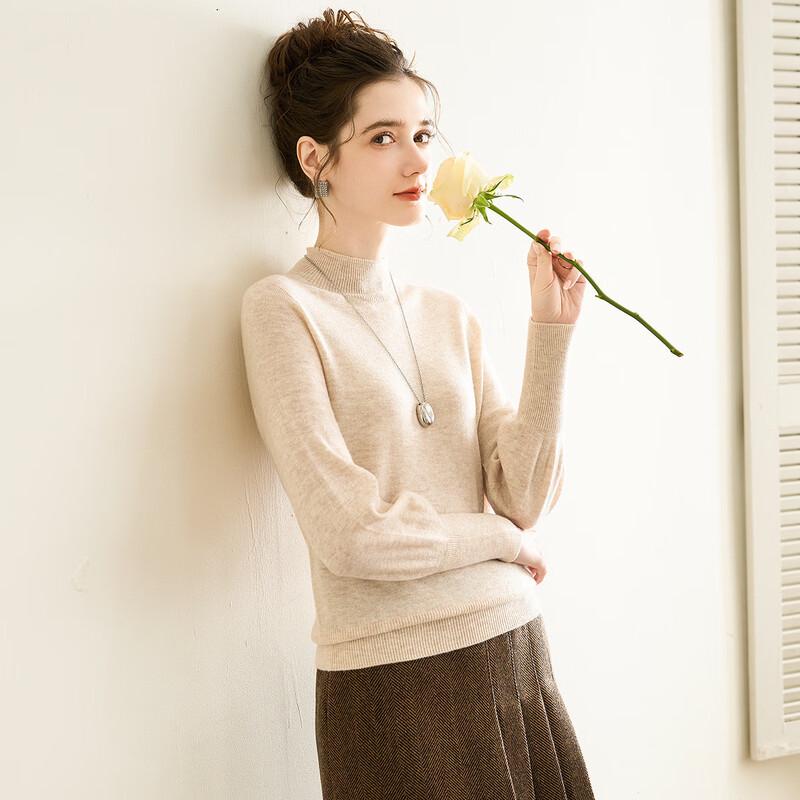 TUHUANG Women's Pure Wool Seamless Half-High Neck Sweater