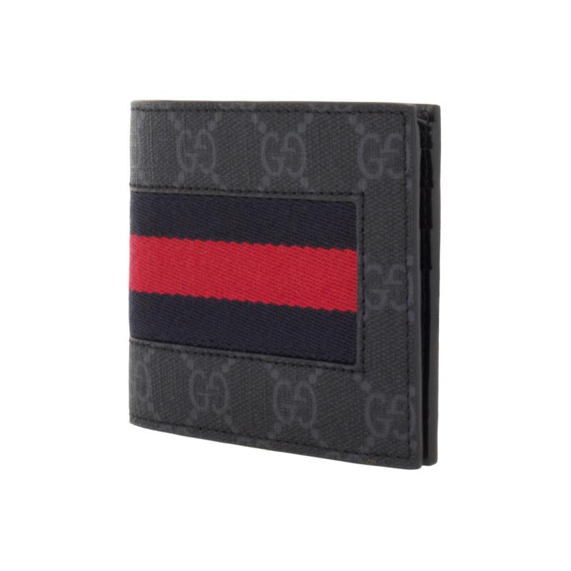 Gucci GG Supreme Presbyopia Logo Striped Web Short Bifold Canvas and Leather Wallet Mini Men's Black Gray