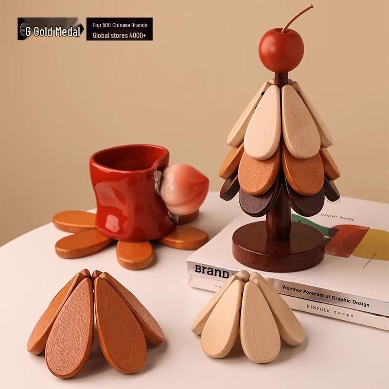 GOLDENHOME Solid Wood Apple Coaster Set
