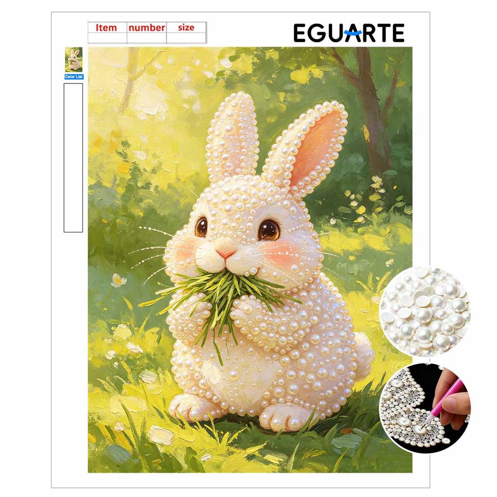 Sparkling Pearl Painting on Stretched Frame Cute Bunny Eating Grass DIY Bead Art Canvas Relaxing Hobby Gift for Craft Lovers Great for Adults