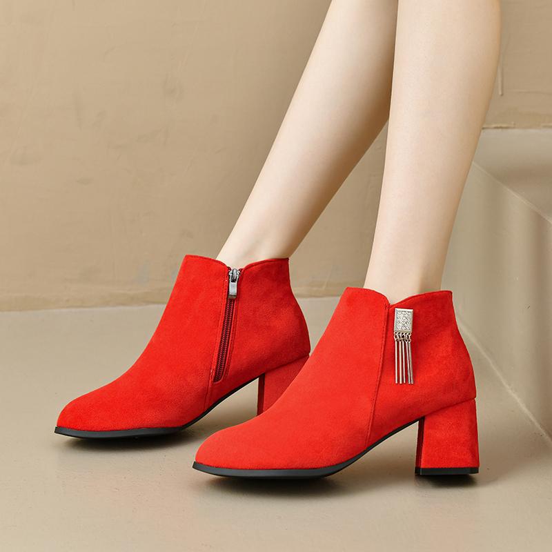Naked Boots Autumn and Winter New Pointed Toe Cow Suede Side Zipper Metal Buckle Non-slip Wear-resistant High Heels