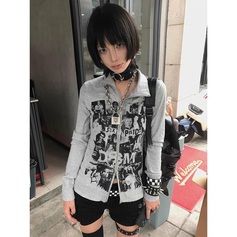 Jinliang Women's Ribbed Velvet Retro Punk Zip-Up Cardigan