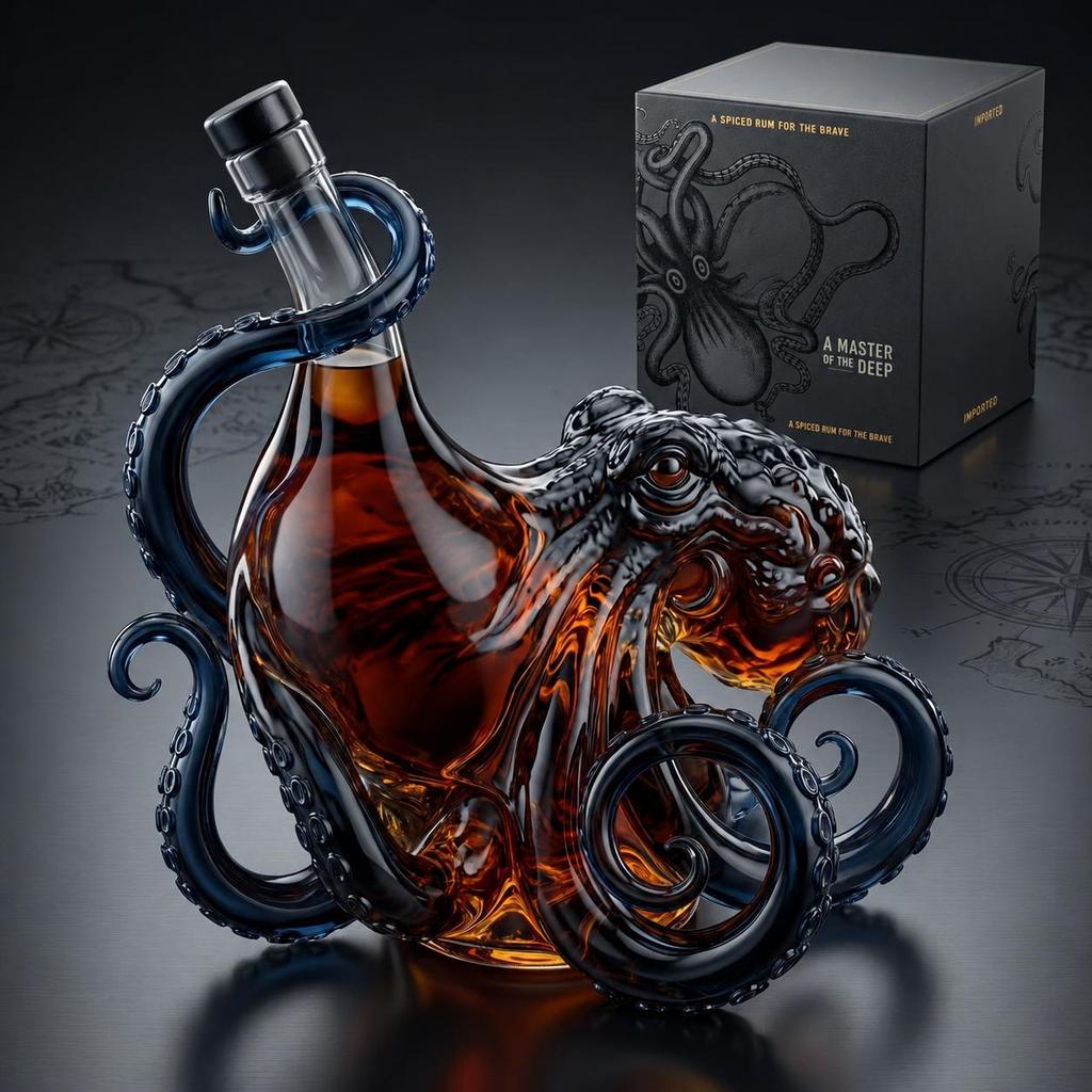 Kraken Dark Rum Oktopus Karaffe: 750ml Premium Glasflasche Einzigartiges Meereskreaturen-Design - Ideale Rum Whiskey Hausbar-Dekoration für Sammler