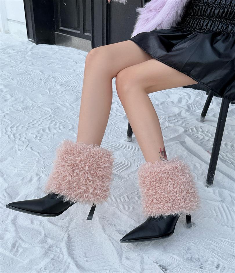 2025 Autumn and Winter New Fashion Versatile Lamb Wool Warm Fashion Stiletto Short Boots Women's Wear Pointed Low