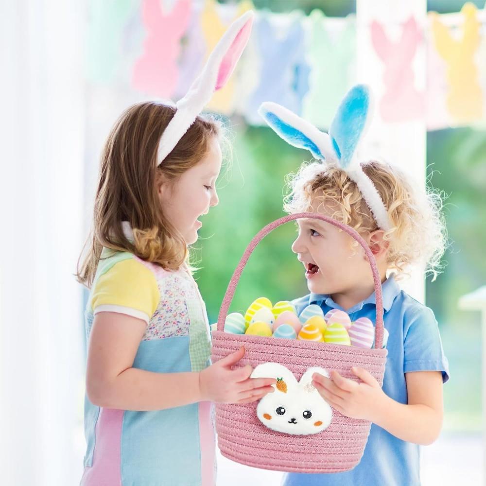 Cartoon Rabbit Storage Basket Soft Cotton Rope Organizer Rabbit Decoration Basket Lightweight Easter Gift Bag For Living Room