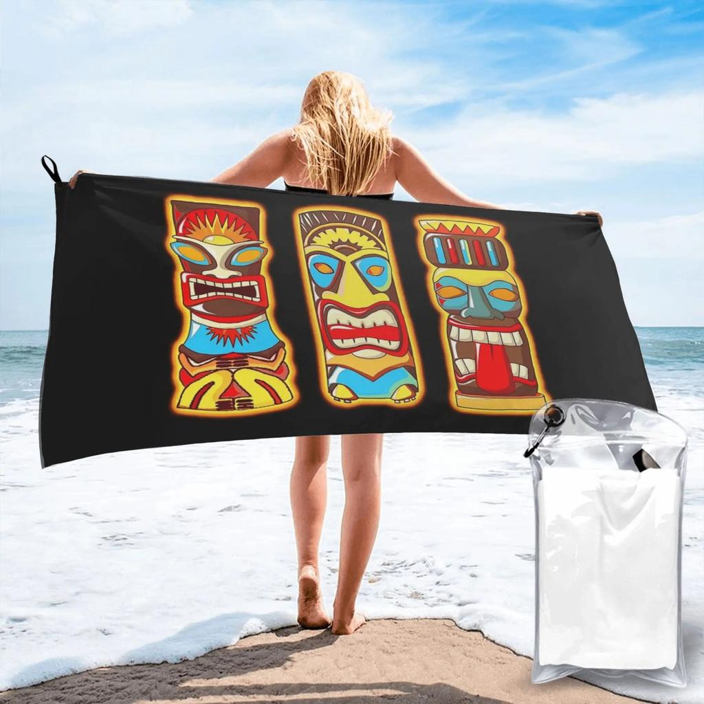 Hawaiian Tiki Mask 2D Flat Printed Microfiber Beach Towel Sandproof Waterproof Tropical Summer Vacation Pool Blanket 1Pc