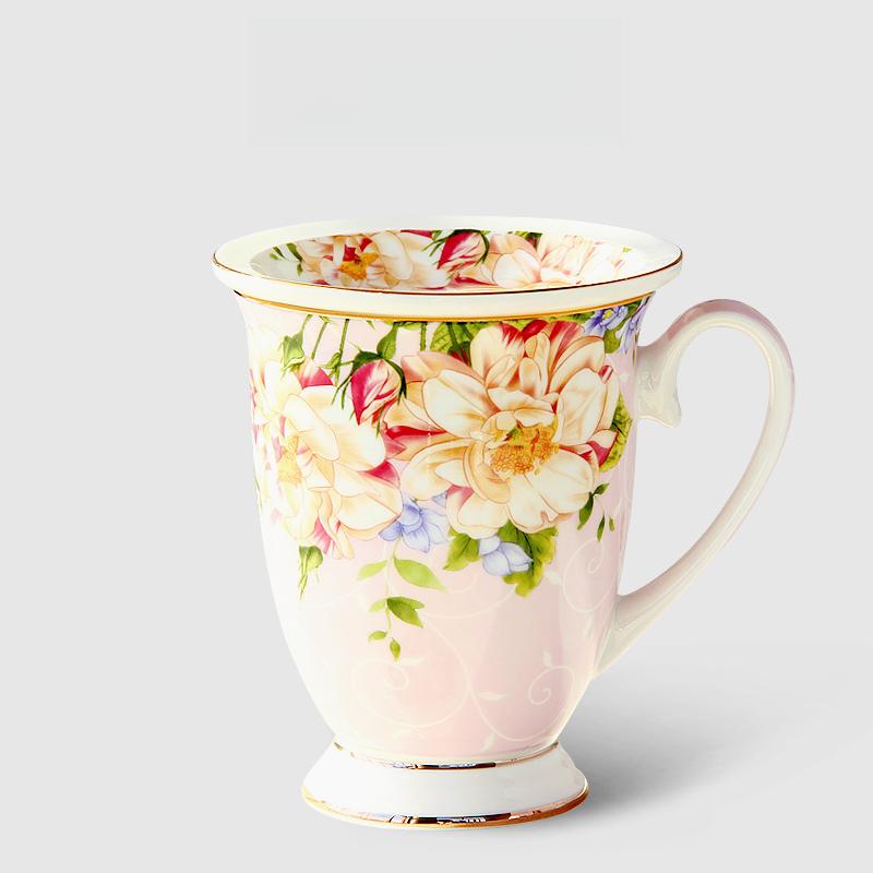 Fine Bone China Coffee Mugs Set of 4, Hand Drawn Gold Rimmed Floral Mugs, Porcelain Bone China Tea Cup with Lid, 300ml Elegant Office Home Tea Sets