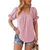 Spring Summer New Women's Chiffon Smocked Blouse, Square Neck Short Sleeve Top with Pom Poms, European American Style Casual Shirt for Women