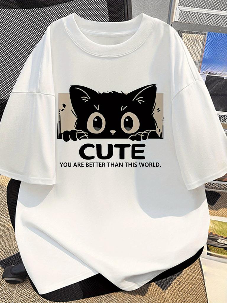 Cotton shortsleeved Tshirt for men Cute cat prints and text Casual daily commuting tops for men and women