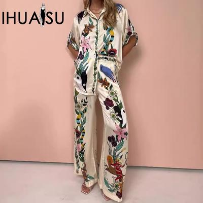 Camicia con risvolto a maniche corte in raso stampato Graffiti + pantaloni Set casual in due pezzi