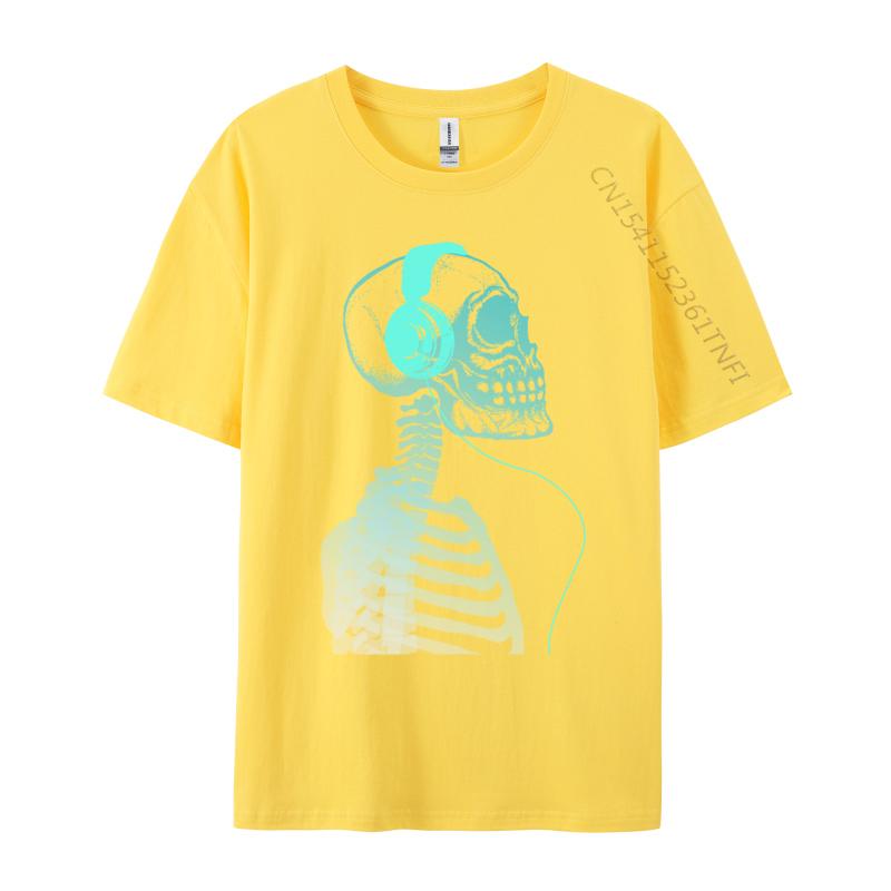 Skeleton Listening To Music With Headphones On His Skull T Shirt Black Vintage T-Shirt Pure Cotton Unique Camisas Hombre