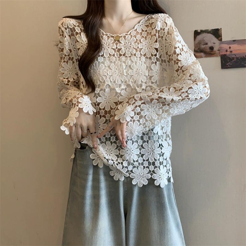 DIMANAF 2025 New Summer Women Hollow Out Holiday T-Shirt Basic Lace Fashion Tops Lace Tees Casual Loose Tees