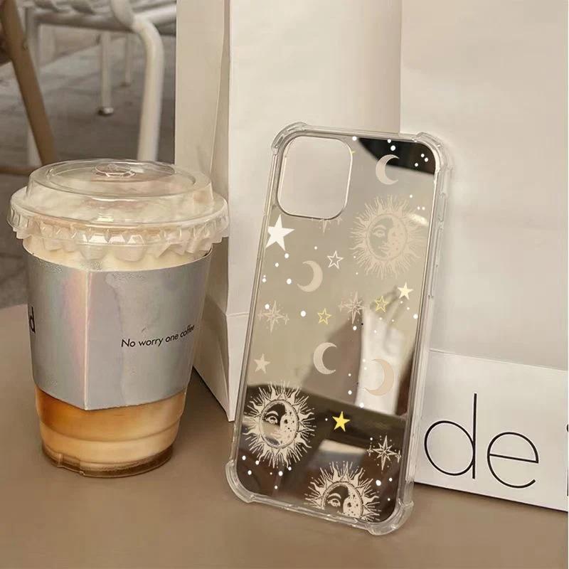 Sun Moon Pattern Phone Case For iPhone 11 12 13 14 15 16 17 Pro Max XS X XR 7 8 Plus Make Up Mirror Shockproof Soft Cover