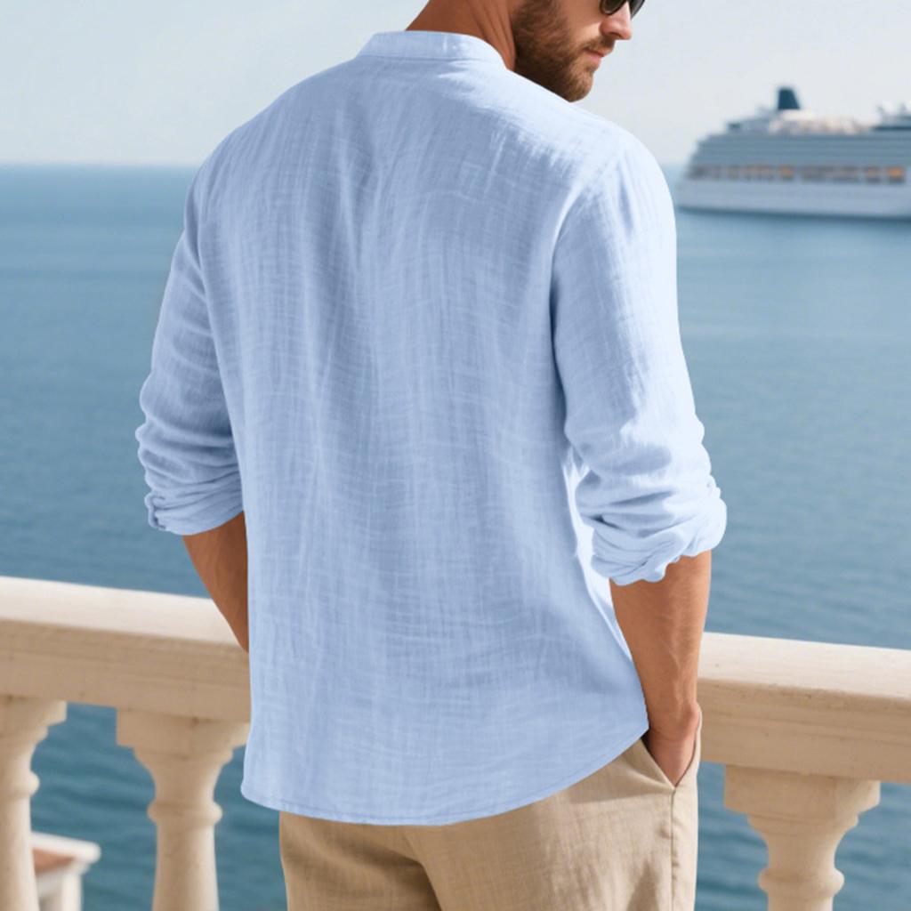 Men's Linen Button-down Shirt, Beach Shirt, Long-sleeved Plain-colored Stand-up Collar, Spring Casual Everyday Wear