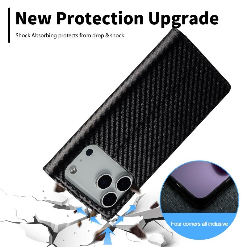Carbon Fiber PU Leather Wallet Phone Case For iPhone 17 Air 16 15 14 13 12mini 11 XS Pro Max XR SE 8 7 Plus Book Holder Cover