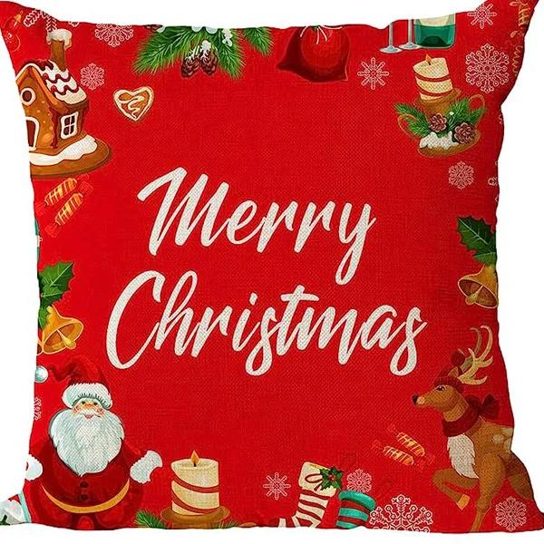 Merry Christmas Decor Cushion Cover 45x45 cm Pillow CaseCartoon Reindeer Santa Claus Printed Throw Pillowcase Linen Pillow Cover