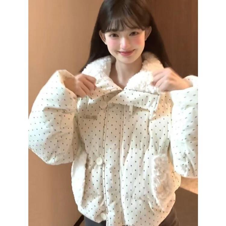Korean Style Polka Dot Cotton Jacket with Winter Sweet and Thick Loose Short Coat