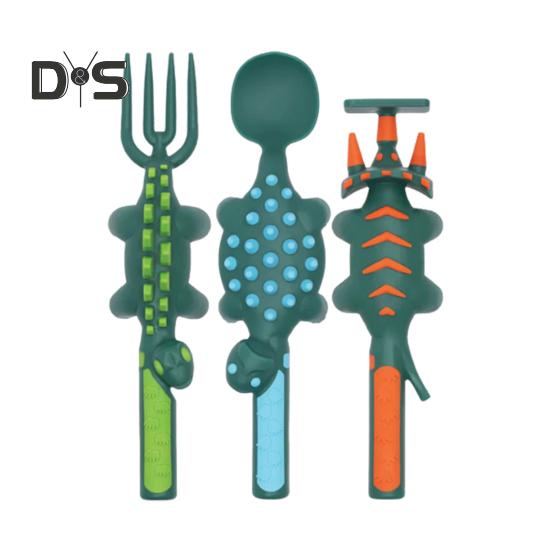 Dinosaur Toddler Utensils Set Fork Spoon Pusher Kids Cutlery Set for Fun Mealtime Adventures BPA-Free Kitchen Utensils for Self-Feeding Independence