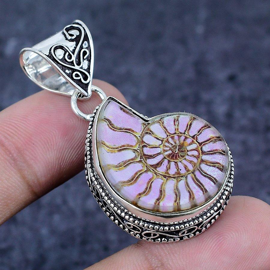 Ammonite Fossil Gemstone 925 Sterling Silver Jewelry Pendant 1.85"