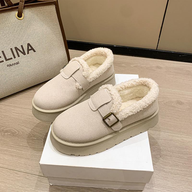 Women's fluffy snow boots, autumn and winter thick-soled one-pedal low-top bread women's shoes, velvet cotton shoes