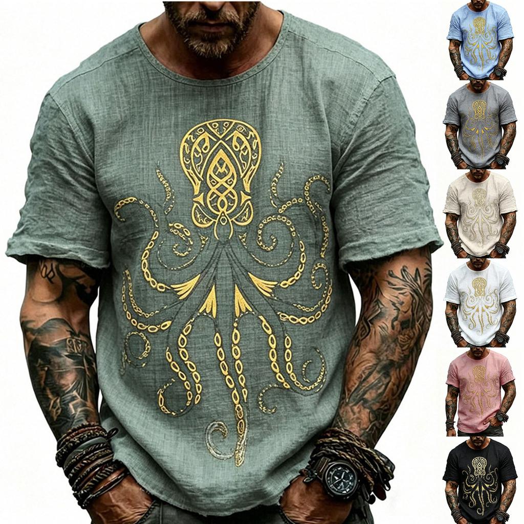 Men's Linen Short Sleeve T Shirt with Print Crew Neck Casual Loose Fit Lightweight Summer Top for Everyday Wear