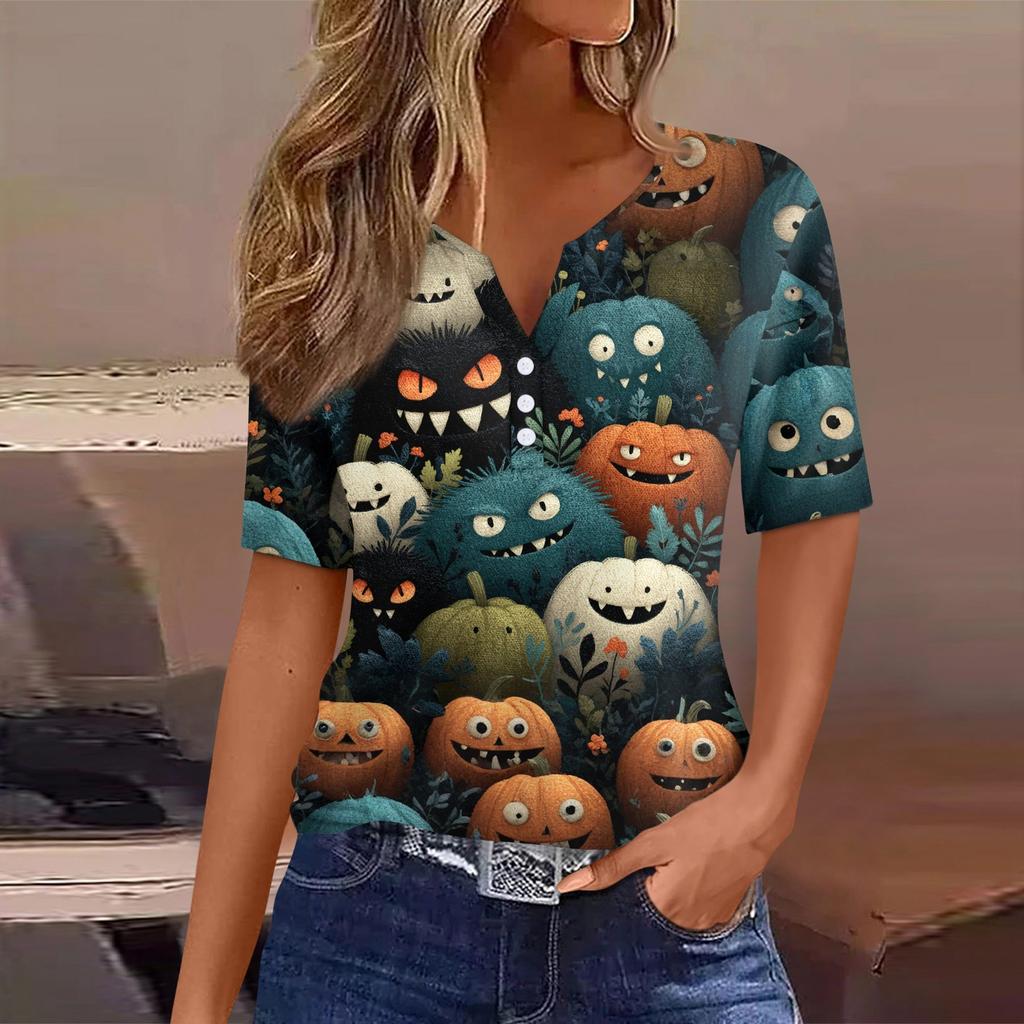 Damen T-Shirt Halloween Bedruckt Knopf Kurzarm Tunika Täglich Wochenende Mode Basic V-Ausschnitt Reguläres Oberteil