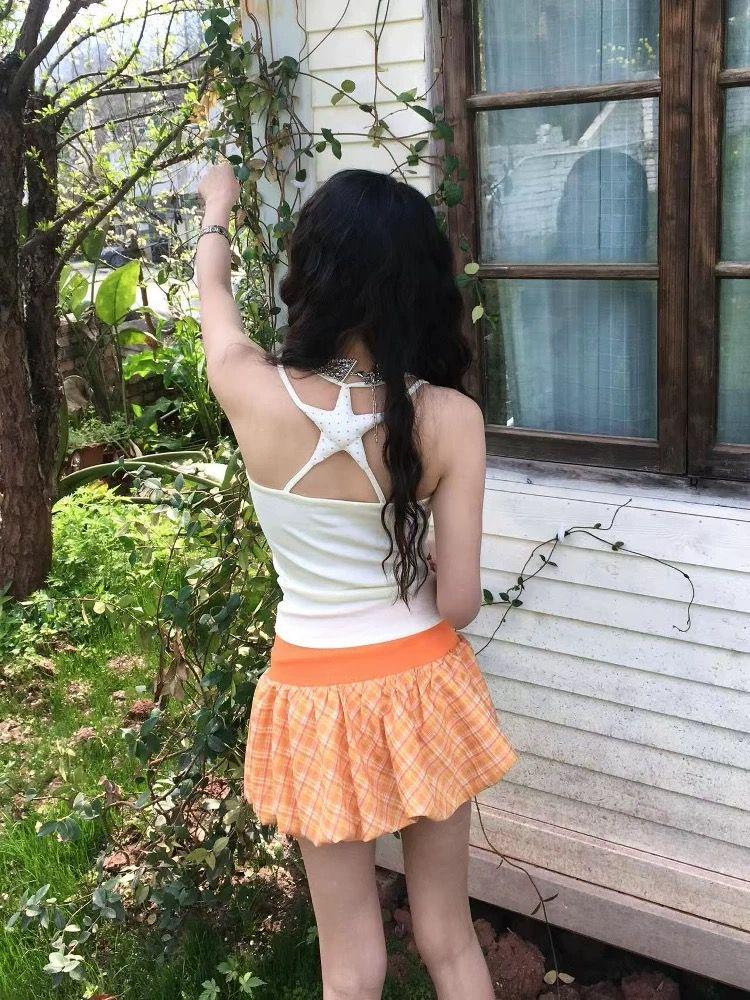 Korean Orange Plaid Tulip Skirt - Women's Summer Elastic Drawstring Short Skirt